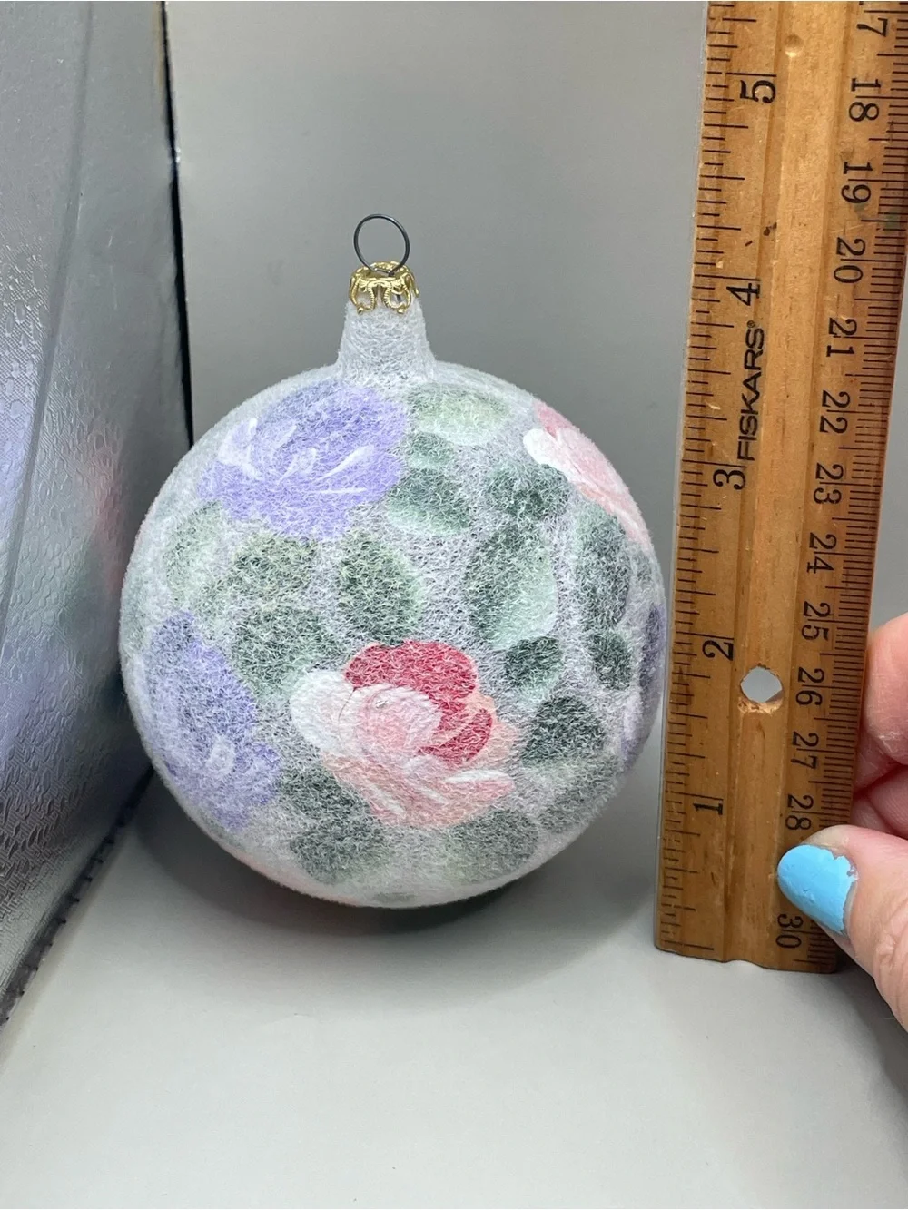 Vintage ITALY Flocked Floral Round Christmas 4” Ornament Ball Pink Purple